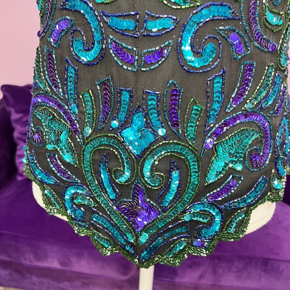 Vintage Sequin Top 100% silk Lawrence Kazar teal turquoise purple size Small - Picture 2 of 9